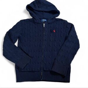 Polo Ralph Lauren Sweater Youth 7 Navy Cable Knit Full Zip Hoodie Red Pony Logo‎
